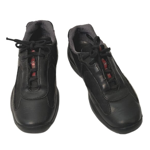 Prada America’s Cup Black Calfskin Leather & Mesh Low Top Sneaker Men's Size 7 - Picture 5 of 14